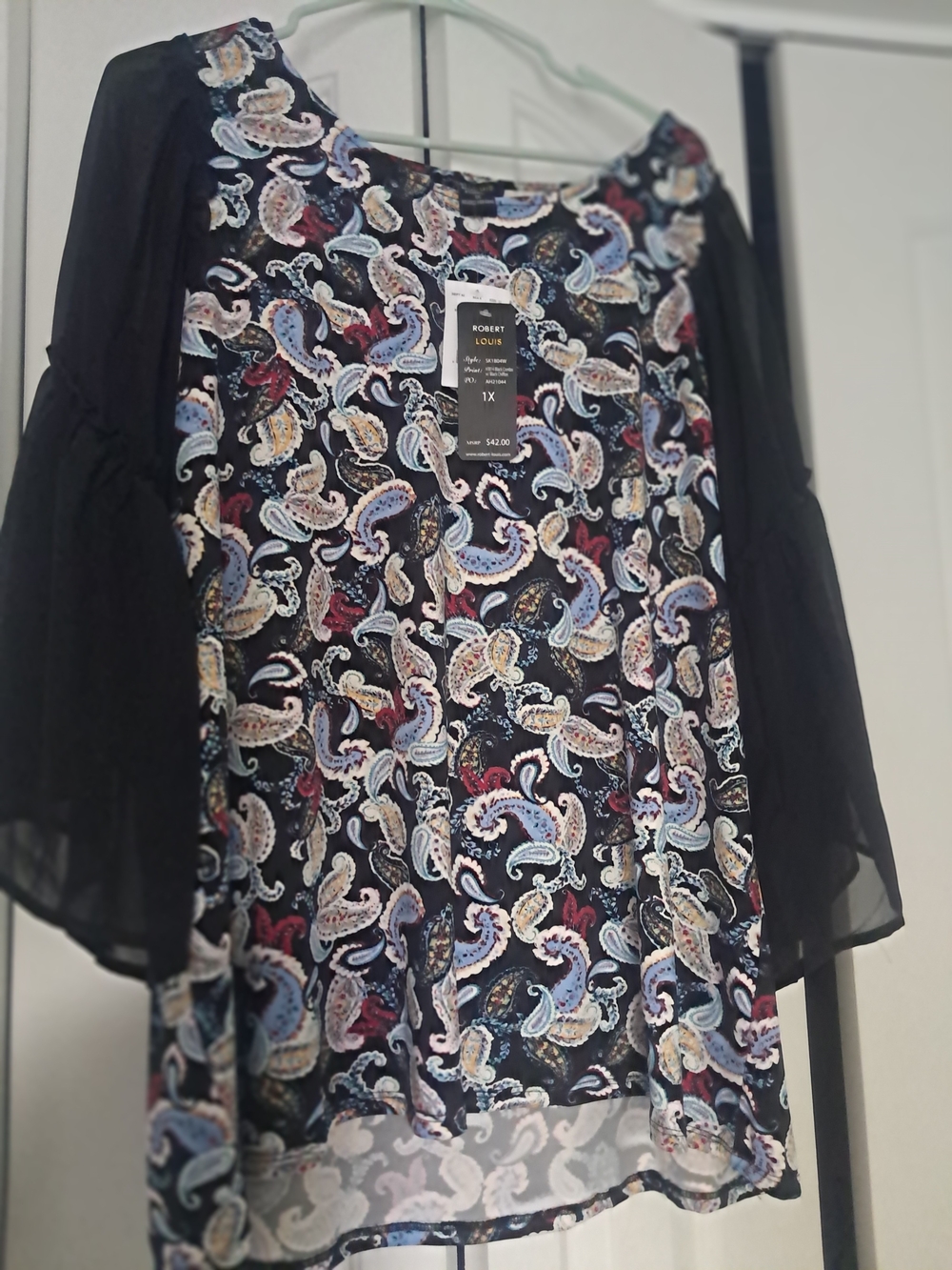 Robert Louis Black Paisley Blouse - 1X